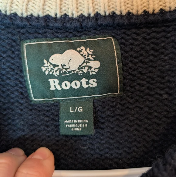 Roots Navy Knit Logo Sweater Wool Blend Crewneck Large - Picture 3 of 10